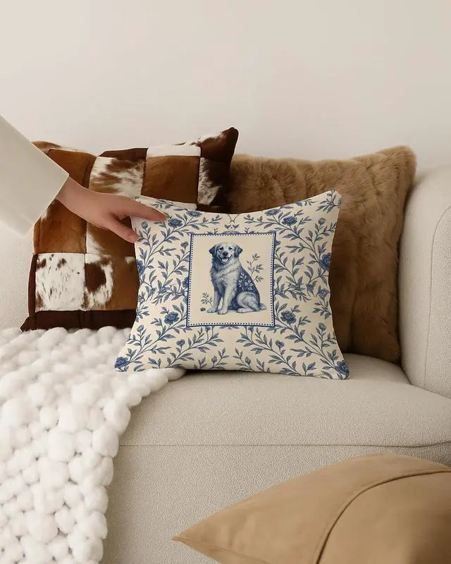 Alt view image 6 of 6 - Blue and White Chinoiserie Floral Golden Retriever Pillow Covers 18x18, Gifts for Golden Retriever Lovers, Vintage Blue Toile de Jouy Dog Decorative Throw Pillow Covers for Home Room Bedroom