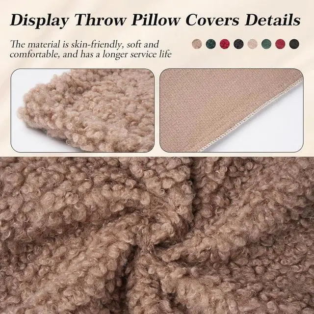 Alt view image 2 of 6 - Brown Decorative Throw Pillow Covers, Set of 2, 18X18 in, Curly Teddy Wool | Soft Couch Cushion Covers for Outdoor Chair Bed Sofa Living Room, Modern Home Decor