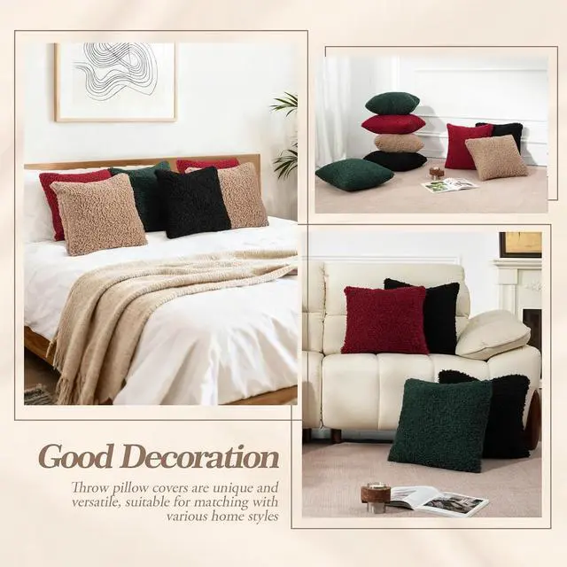 Alt view image 5 of 6 - Brown Decorative Throw Pillow Covers, Set of 2, 18X18 in, Curly Teddy Wool | Soft Couch Cushion Covers for Outdoor Chair Bed Sofa Living Room, Modern Home Decor