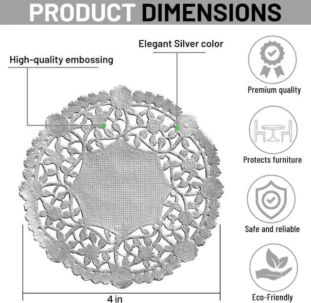 Alt view image 3 of 7 - 4 Inch Silver Foil Lace Paper Doilies, 50 Pack | Round, Disposable, For Desserts, Pastries, Appetizers, For Weddings and Parties