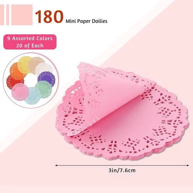 Alt view image 2 of 7 - Small Round Paper Doilies, 180 Pcs 3.5 Inch Colored Lace Paper Doilies Mini Paper Doilies Disposable Paper Placemats Round Lace Doilies for Tables, Plates, Dessert Trays, Cakes, Party Buffet Supplies