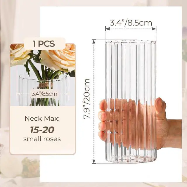 Alt view image 3 of 7 - ComSaf Glass Cylinder Vase 8 Inch Tall, Clear Ribbed Decor for Centerpieces | Decorative Flower Vase, Hurricane Floating Candle Holder, Wedding Decor, Reception Table, Home Accent, Housewarming Gift