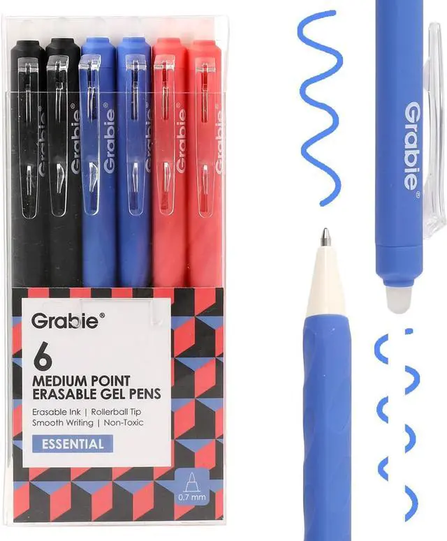 Main image of Grabie Erasable Gel Pens, 6 Pack Black Blue Red 0.7 mm Medium Point | Heat-Sensitive Erasable Ink, Retractable Clip Design, Clean Erasing, Smooth Writing, Comfortable Grip, Quick Drying