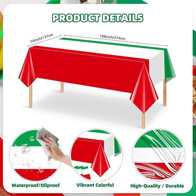 Alt view image 2 of 7 - Italian Flag Plastic Disposable Tablecloth: Red White Green Italian Flag Design Rectangle Table Cover Decorations for Family Gathering Kitchen Dining Party Supplies 54×108Inches(3 Pcs)