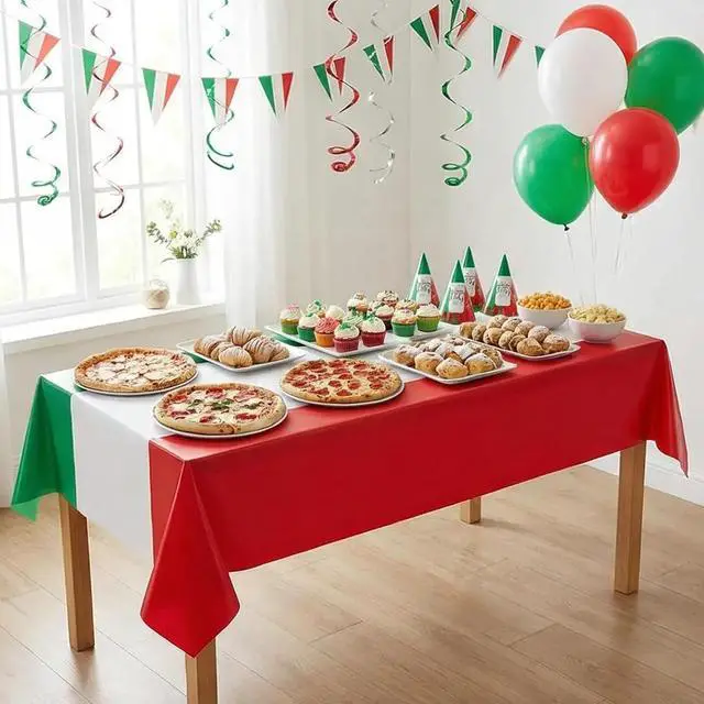 Alt view image 3 of 7 - Italian Flag Plastic Disposable Tablecloth: Red White Green Italian Flag Design Rectangle Table Cover Decorations for Family Gathering Kitchen Dining Party Supplies 54×108Inches(3 Pcs)