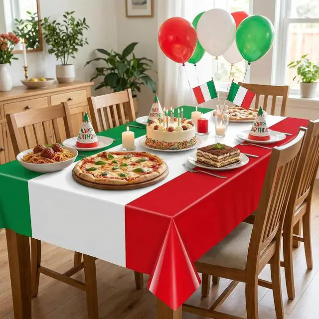 Alt view image 4 of 7 - Italian Flag Plastic Disposable Tablecloth: Red White Green Italian Flag Design Rectangle Table Cover Decorations for Family Gathering Kitchen Dining Party Supplies 54×108Inches(3 Pcs)
