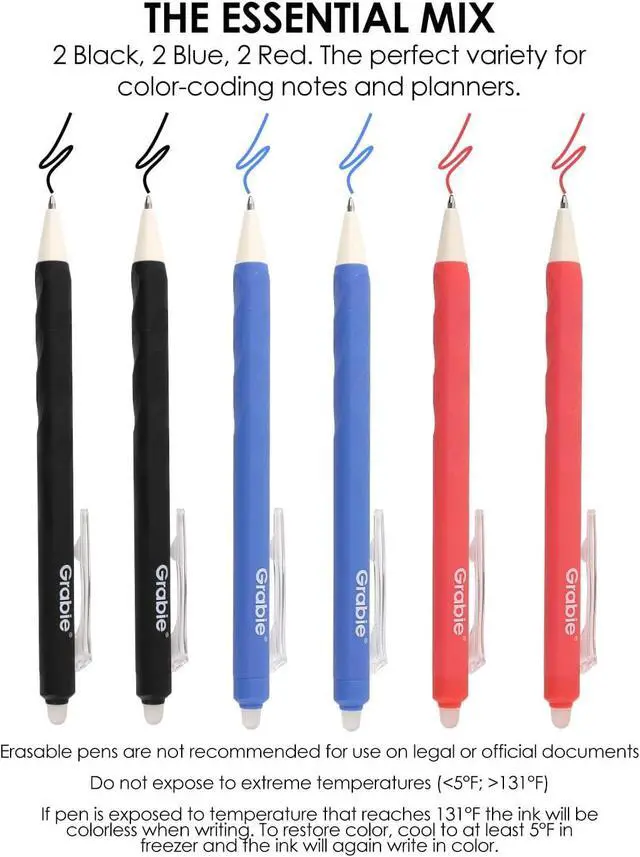 Alt view image 4 of 7 - Grabie Erasable Gel Pens, 6 Pack Black Blue Red 0.7 mm Medium Point | Heat-Sensitive Erasable Ink, Retractable Clip Design, Clean Erasing, Smooth Writing, Comfortable Grip, Quick Drying