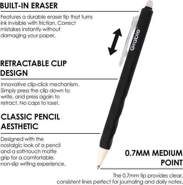 Alt view image 2 of 7 - Grabie Erasable Gel Pens, 6 Pack Black Blue Red 0.7 mm Medium Point | Heat-Sensitive Erasable Ink, Retractable Clip Design, Clean Erasing, Smooth Writing, Comfortable Grip, Quick Drying