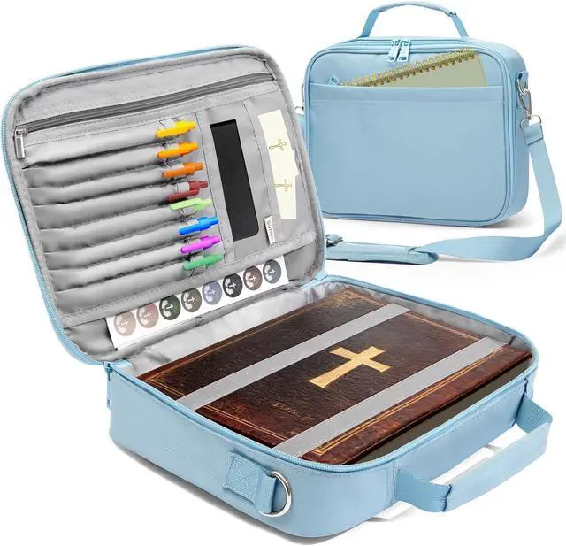 Main image of SUNEE Bible Cover for Women, Large Bible Bag w/Shoulder Strap Carrying Book Case w/Pen Slots and Zippered Pocket, Gift for Women & Men, Blue