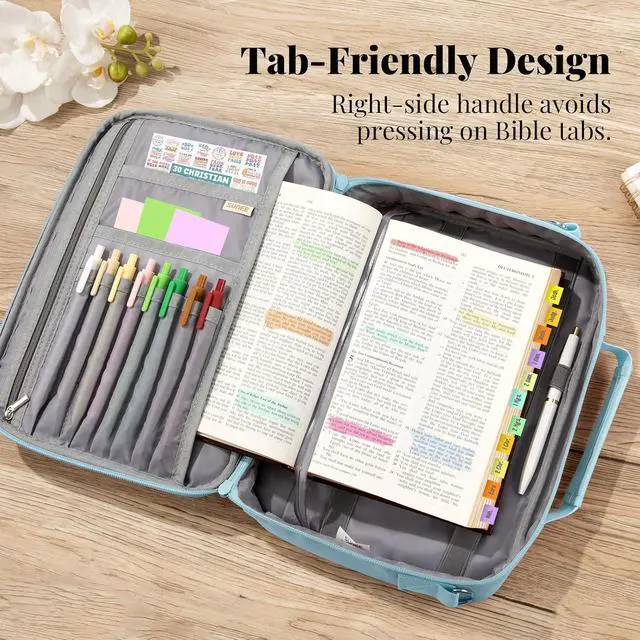 Alt view image 2 of 7 - SUNEE Bible Cover for Women, Large Bible Bag w/Shoulder Strap Carrying Book Case w/Pen Slots and Zippered Pocket, Gift for Women & Men, Blue