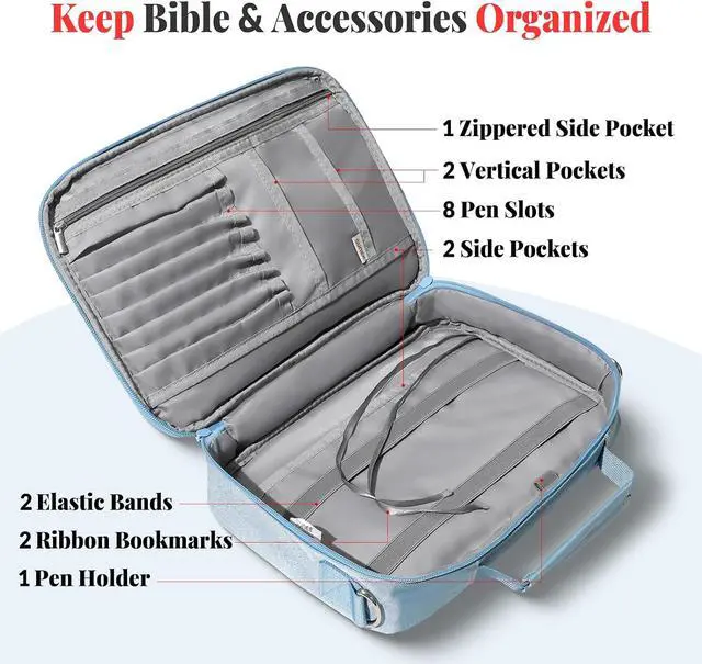 Alt view image 4 of 7 - SUNEE Bible Cover for Women, Large Bible Bag w/Shoulder Strap Carrying Book Case w/Pen Slots and Zippered Pocket, Gift for Women & Men, Blue