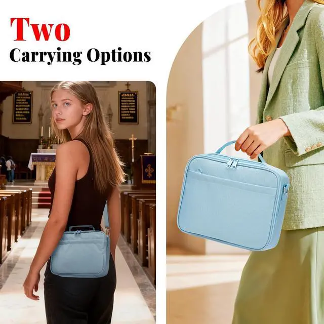 Alt view image 6 of 7 - SUNEE Bible Cover for Women, Large Bible Bag w/Shoulder Strap Carrying Book Case w/Pen Slots and Zippered Pocket, Gift for Women & Men, Blue