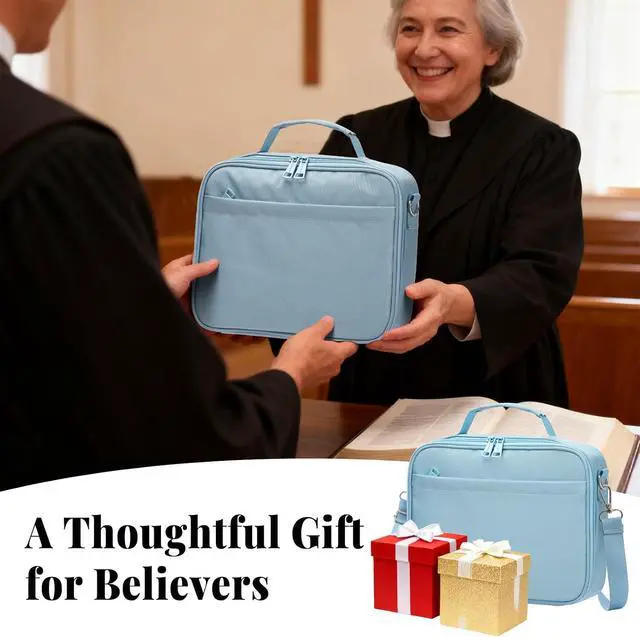 Alt view image 7 of 7 - SUNEE Bible Cover for Women, Large Bible Bag w/Shoulder Strap Carrying Book Case w/Pen Slots and Zippered Pocket, Gift for Women & Men, Blue