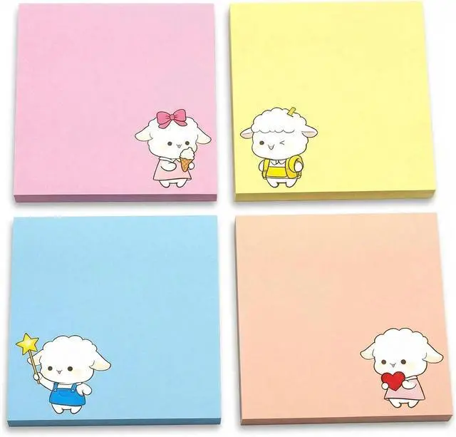 Main image of Cute Kawaii Lamb Sticky Notes 3x3 Inch 4 Pads 80 Sheets Memo Pads | 4 pads lamb kawaii sticky notes, strong residue-free adhesive, for school office home note taking reminders
