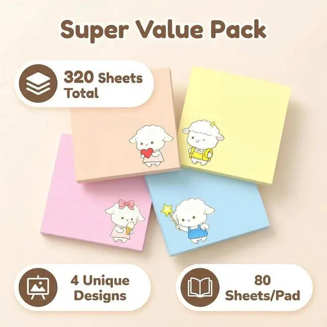 Alt view image 2 of 6 - Cute Kawaii Lamb Sticky Notes 3x3 Inch 4 Pads 80 Sheets Memo Pads | 4 pads lamb kawaii sticky notes, strong residue-free adhesive, for school office home note taking reminders