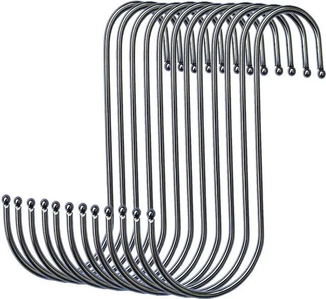 Main image of S Hooks Hanging Metal Hook (12 Pack) Stainless Steel Large 6 Inch with Round Stopper Non Slip for Closet Clothes Plants Cups Towels Tools Ornament (Silver)