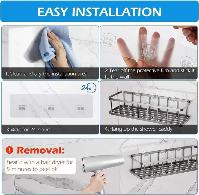 Alt view image 5 of 7 - 12 Pack Shower Caddy Adhesive Replacement, Shower Adhesive Strips, Strong Adhesive Hooks, Waterproof Sticker, No Drilling, for Bathroom Shelf and Kitchen Racks