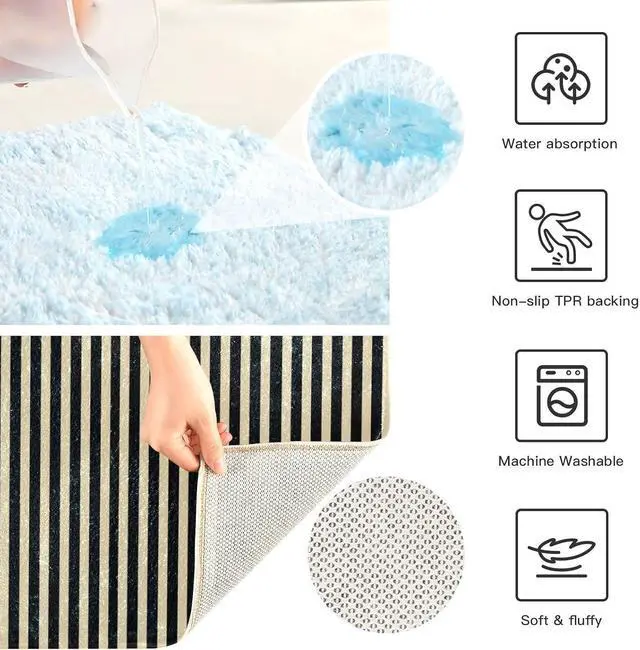 Alt view image 4 of 7 - Bath Mat, Soft Absorbent Non Slip Bathroom Rugs, Beige Black Stripes Bath Mats for Bathroom, Toilet, Shower Floor 20 X 24 in