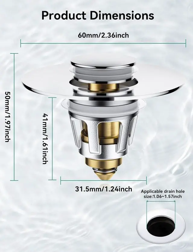 Alt view image 2 of 7 - Bullet Core Bathroom Sink Stopper, 1 Pack Universal Pop-Up Drain Plug Fits 1.11.5 Inch US Standard Sinks