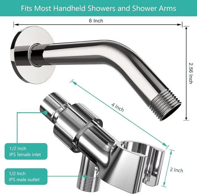 Alt view image 6 of 7 - Shower Head Holder and 6 Inch Extension Arm Pipe, Chrome | Universal Showerhead Mount Bracket, Brass Ball Joint, 360° Rotation
