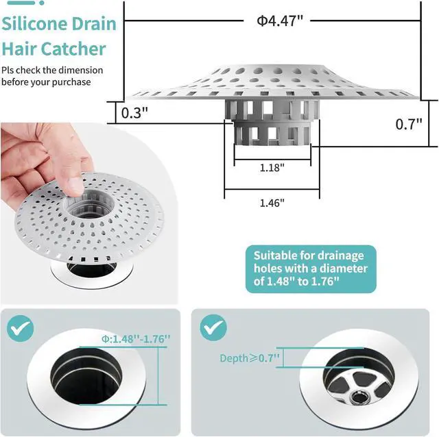 Alt view image 5 of 6 - Aluvor Bathtub Drain Hair Catcher,Silicone Tub Hair Catcher Drain Protector | Collapsible Shower Hair Drain Catcher Strainer for 1.48'' to 1.76'' Flat Regular Drains, 3PCS/Grayish-White