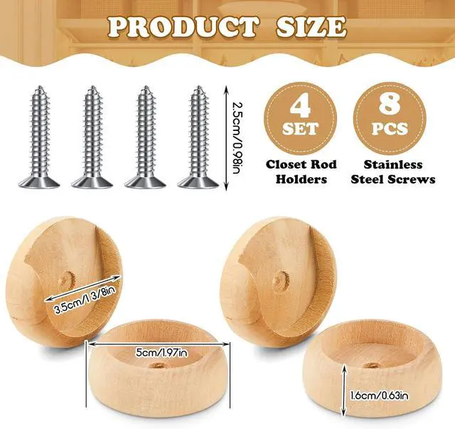Alt view image 2 of 7 - Yookeer 4 Pack Wood Closet Rod Socket 1-3/8" Pole Holders,Wood Color | Wall Mount Brackets for Hanging Poles, Curtain Rods, Includes Screws, Wardrobe Hallway Bathroom Use, Wooden Finish