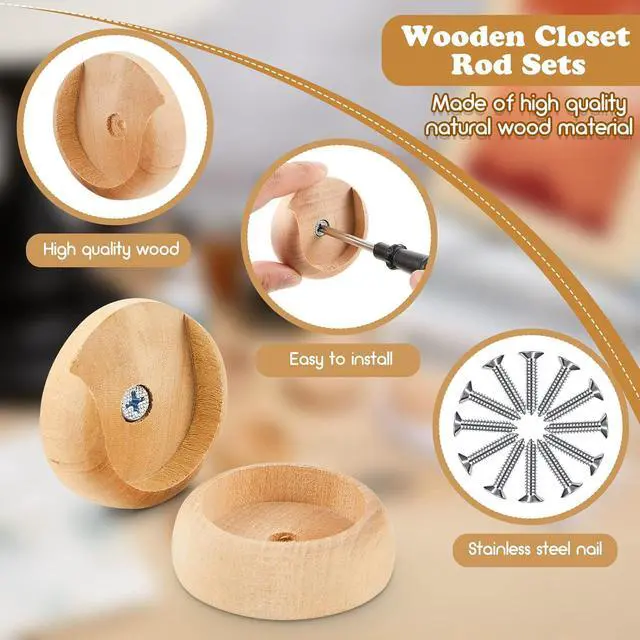 Alt view image 3 of 7 - Yookeer 4 Pack Wood Closet Rod Socket 1-3/8" Pole Holders,Wood Color | Wall Mount Brackets for Hanging Poles, Curtain Rods, Includes Screws, Wardrobe Hallway Bathroom Use, Wooden Finish