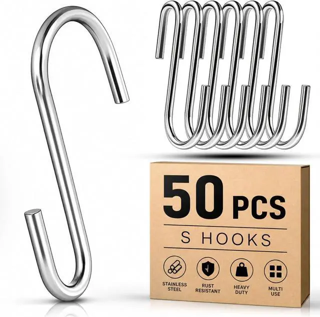 Main image of 50 Pack 2.4 Inch Heavy Duty Stainless Steel S Hooks - S Shaped Metal Hanging Hooks for Kitchen Pots, Pans, Utensils, Jeans, Clothes, Bags, Hats, Towels, Plants, Wire Shelves & Racks