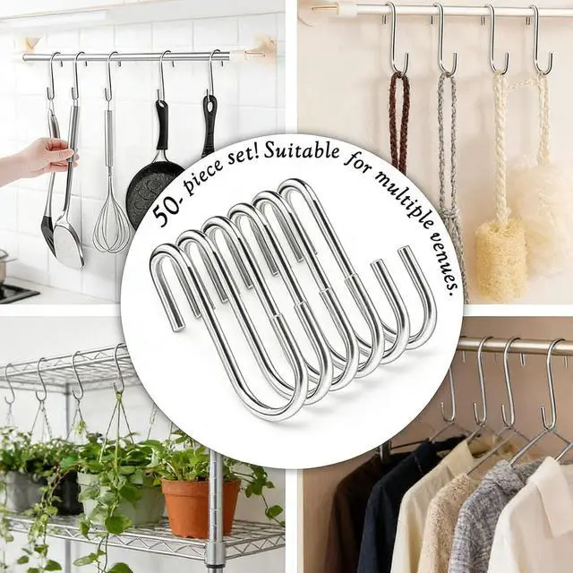 Alt view image 2 of 7 - 50 Pack 2.4 Inch Heavy Duty Stainless Steel S Hooks - S Shaped Metal Hanging Hooks for Kitchen Pots, Pans, Utensils, Jeans, Clothes, Bags, Hats, Towels, Plants, Wire Shelves & Racks