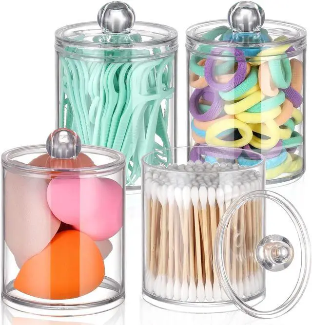 Main image of 4 Pack Qtip Holder - Restroom Bathroom Organizers and Storage Containers,- 10 oz Clear Plastic Apothecary Jars set with Lids for Organizing Cotton Pads, Swabs, Balls, Floss