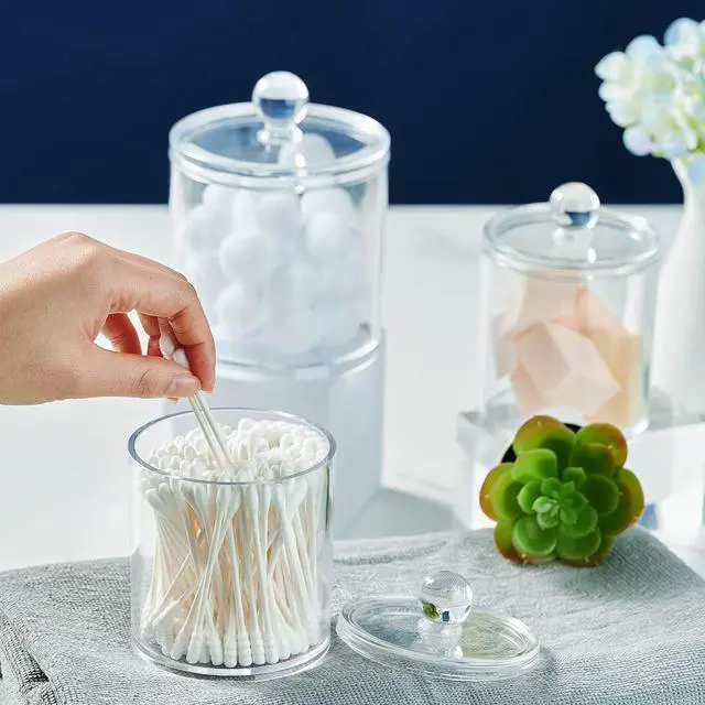 Alt view image 4 of 7 - 4 Pack Qtip Holder - Restroom Bathroom Organizers and Storage Containers,- 10 oz Clear Plastic Apothecary Jars set with Lids for Organizing Cotton Pads, Swabs, Balls, Floss