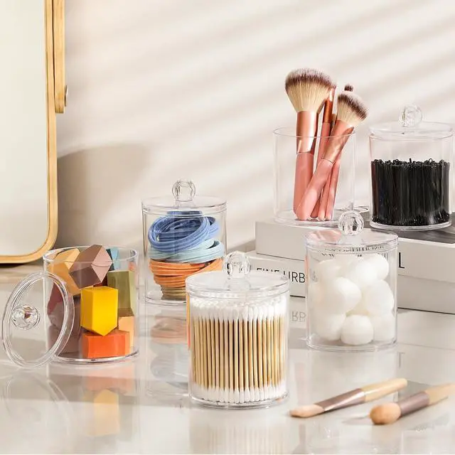 Alt view image 5 of 7 - 4 Pack Qtip Holder - Restroom Bathroom Organizers and Storage Containers,- 10 oz Clear Plastic Apothecary Jars set with Lids for Organizing Cotton Pads, Swabs, Balls, Floss
