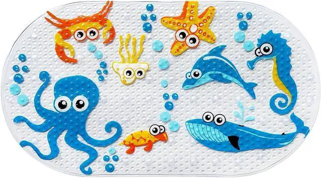Main image of PTAPIPI Sea Animal Kids Bath Mat - 27x15 Inch Oval PVC Mat with Suction Cups, Machine Washable, Colorful Design for Children (Cute Cartoon Octopus)