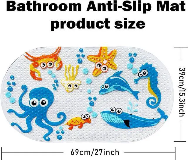 Alt view image 2 of 7 - PTAPIPI Sea Animal Kids Bath Mat - 27x15 Inch Oval PVC Mat with Suction Cups, Machine Washable, Colorful Design for Children (Cute Cartoon Octopus)