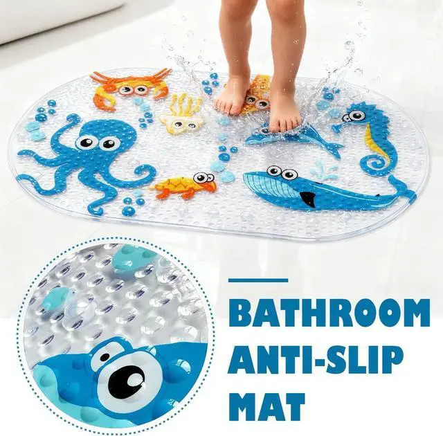 Alt view image 3 of 7 - PTAPIPI Sea Animal Kids Bath Mat - 27x15 Inch Oval PVC Mat with Suction Cups, Machine Washable, Colorful Design for Children (Cute Cartoon Octopus)