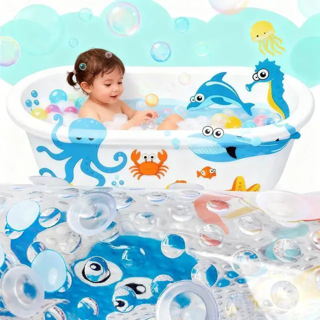 Alt view image 4 of 7 - PTAPIPI Sea Animal Kids Bath Mat - 27x15 Inch Oval PVC Mat with Suction Cups, Machine Washable, Colorful Design for Children (Cute Cartoon Octopus)