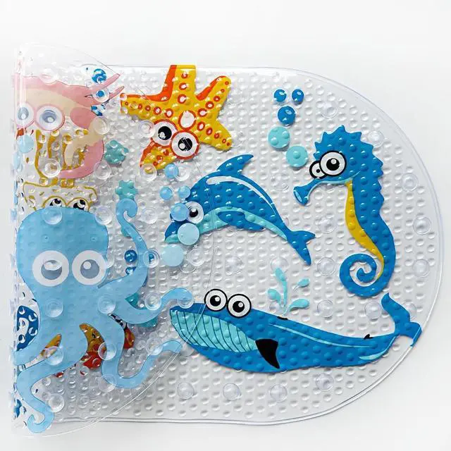 Alt view image 5 of 7 - PTAPIPI Sea Animal Kids Bath Mat - 27x15 Inch Oval PVC Mat with Suction Cups, Machine Washable, Colorful Design for Children (Cute Cartoon Octopus)