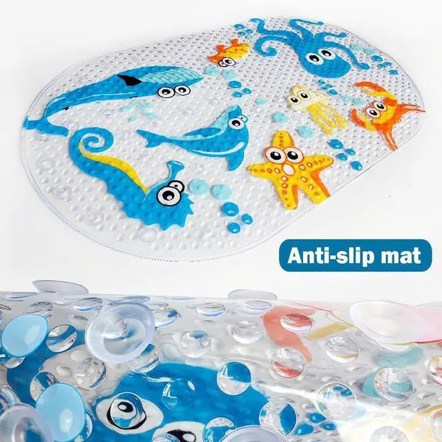 Alt view image 6 of 7 - PTAPIPI Sea Animal Kids Bath Mat - 27x15 Inch Oval PVC Mat with Suction Cups, Machine Washable, Colorful Design for Children (Cute Cartoon Octopus)