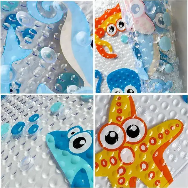 Alt view image 7 of 7 - PTAPIPI Sea Animal Kids Bath Mat - 27x15 Inch Oval PVC Mat with Suction Cups, Machine Washable, Colorful Design for Children (Cute Cartoon Octopus)