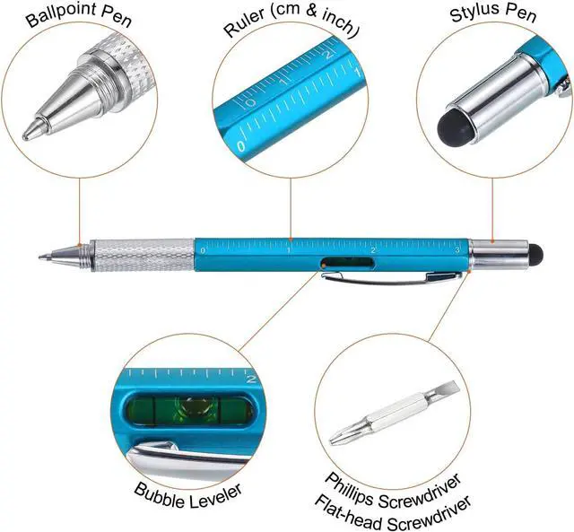 Alt view image 4 of 5 - MECCANIXITY 4pcs 6 in 1 Multitool Tech Tool Pen Gifts for Men with Ballpoint Pen, Ruler, Screwdriver, Stylus, Level Gauge, Refills for Christmas Birthday, Blue