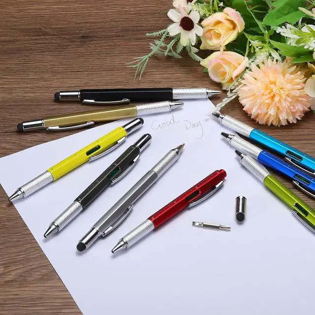 Alt view image 5 of 5 - MECCANIXITY 4pcs 6 in 1 Multitool Tech Tool Pen Gifts for Men with Ballpoint Pen, Ruler, Screwdriver, Stylus, Level Gauge, Refills for Christmas Birthday, Blue