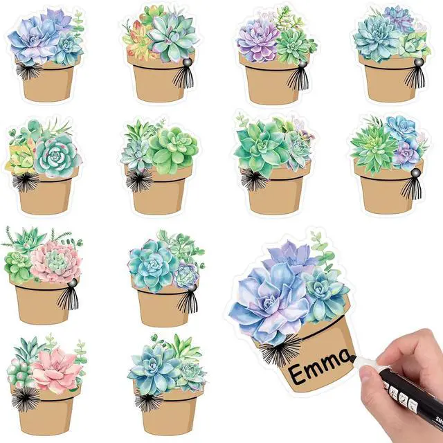 Main image of Whaline 120 Pcs Summer Back to School Succulent Name Tag Stickers 12 Designs Potted Succulent Self-Adhesive Nameplate Decal Blank Name Label for School Classroom Office Desk Wall Decor, 20 Sheet