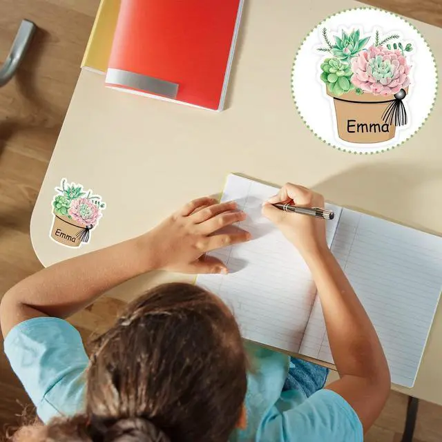 Alt view image 4 of 7 - Whaline 120 Pcs Summer Back to School Succulent Name Tag Stickers 12 Designs Potted Succulent Self-Adhesive Nameplate Decal Blank Name Label for School Classroom Office Desk Wall Decor, 20 Sheet