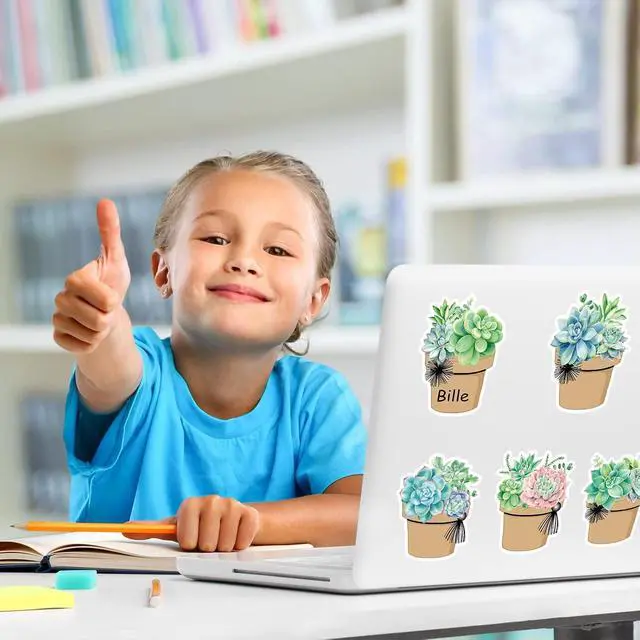 Alt view image 5 of 7 - Whaline 120 Pcs Summer Back to School Succulent Name Tag Stickers 12 Designs Potted Succulent Self-Adhesive Nameplate Decal Blank Name Label for School Classroom Office Desk Wall Decor, 20 Sheet