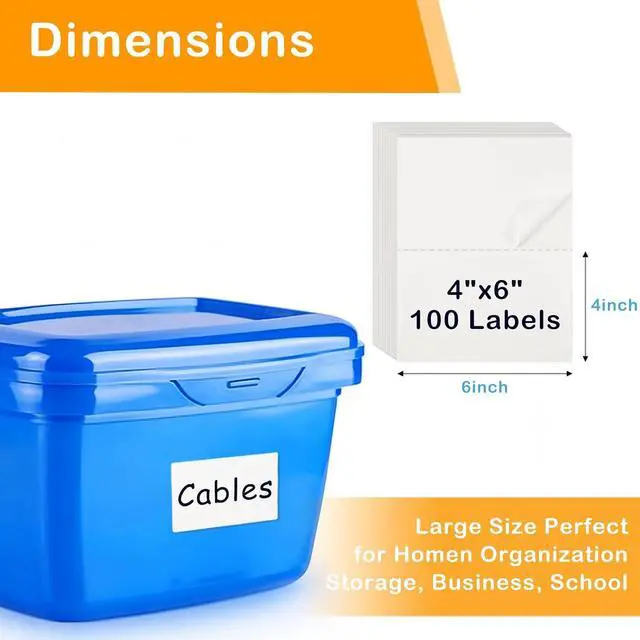 Alt view image 6 of 7 - 4x6 Inch Removable Storage Bin Labels, 100 Pcs (50 Sheets) Labels for Storage Bins with 1 Marker, Water Oil Tear Resistant No Residue Matte White Labels for Home Office School Business Storage Bins