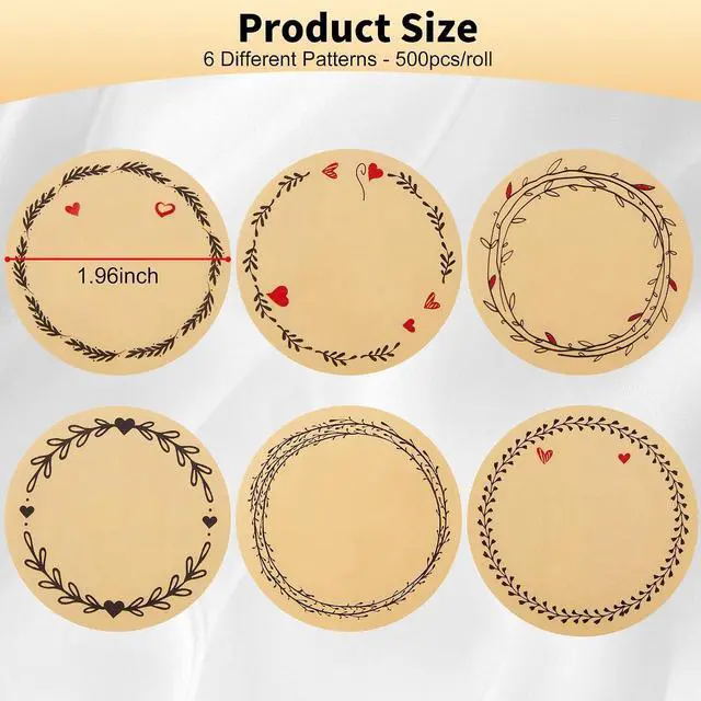 Alt view image 5 of 6 - 500pcs 2" Label Stickers for Jars and Lids, 6 Different Wreath Designs, Round Kraft Stickers, Canning Stickers Jam and Jelly Jar Labels, Quick-Peel Adhesive Kraft Labels for Pantry, Bottles