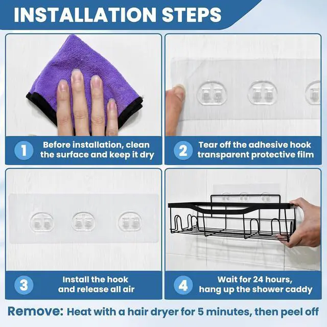 Alt view image 5 of 7 - 4 Pack Shower Caddy Adhesive Replacement, Shower Shelf Strong Adhesive Hooks, No Drilling, Transparent WaterProof Strips for Bathroom Shelves & Kitchen Racks