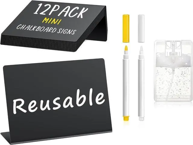 Main image of PigPotParty 12 Pcs Food Labels for Party Buffet 4"x3" Mini Chalkboard Signs | Place Cards for Food Buffet, Party Labels - Name Tags- Taco/Bake Sale/BBQ Food Sign, w/Cleaning Spray & 2 Markers