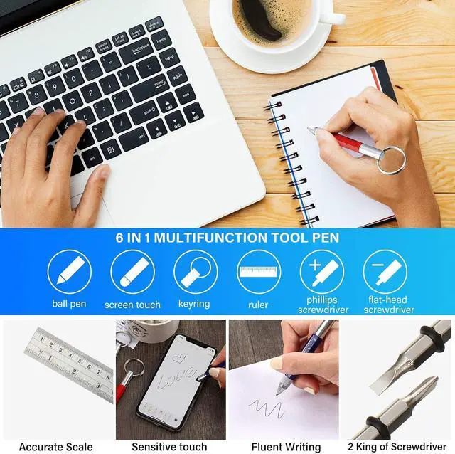 Alt view image 3 of 7 - Zonon 4 Pcs Fathers Day Dad Gift Set 6 in 1 Edc Multitool Pen Key Ring Screwdriver Pen with Ruler Stylus Two-head Ballpoint Refills Metal Multi Tool Pens for Dad Office Construction Workers Multicolor