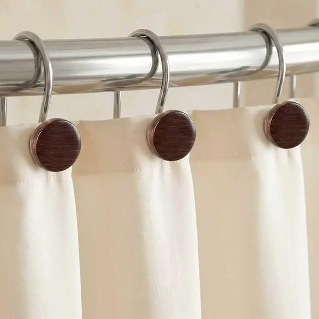 Alt view image 2 of 7 - Farmhouse Boho Shower Curtain Hooks-Wood Texture Resin Button Rings, 12Pcs | Rustproof Hangers, Neutral Earthy Nature Inspired Accents, Western Vintage Fall Winter Christmas Decor for Country Bathroom